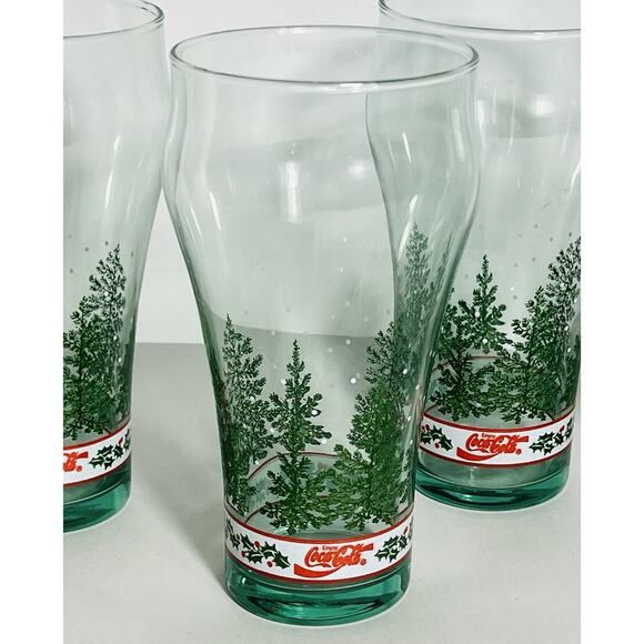 Vintage Coca Cola Holly and Pine Tree Set of 4 Libbey 6” Tumblers/Glasses - Picture 2 of 6
